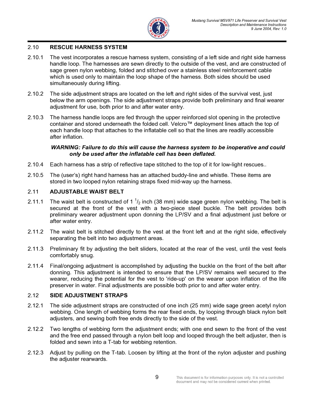 Mustang Survival MSV971 manual Rescue Harness System, Adjustable Waist Belt, Side Adjustment Straps 