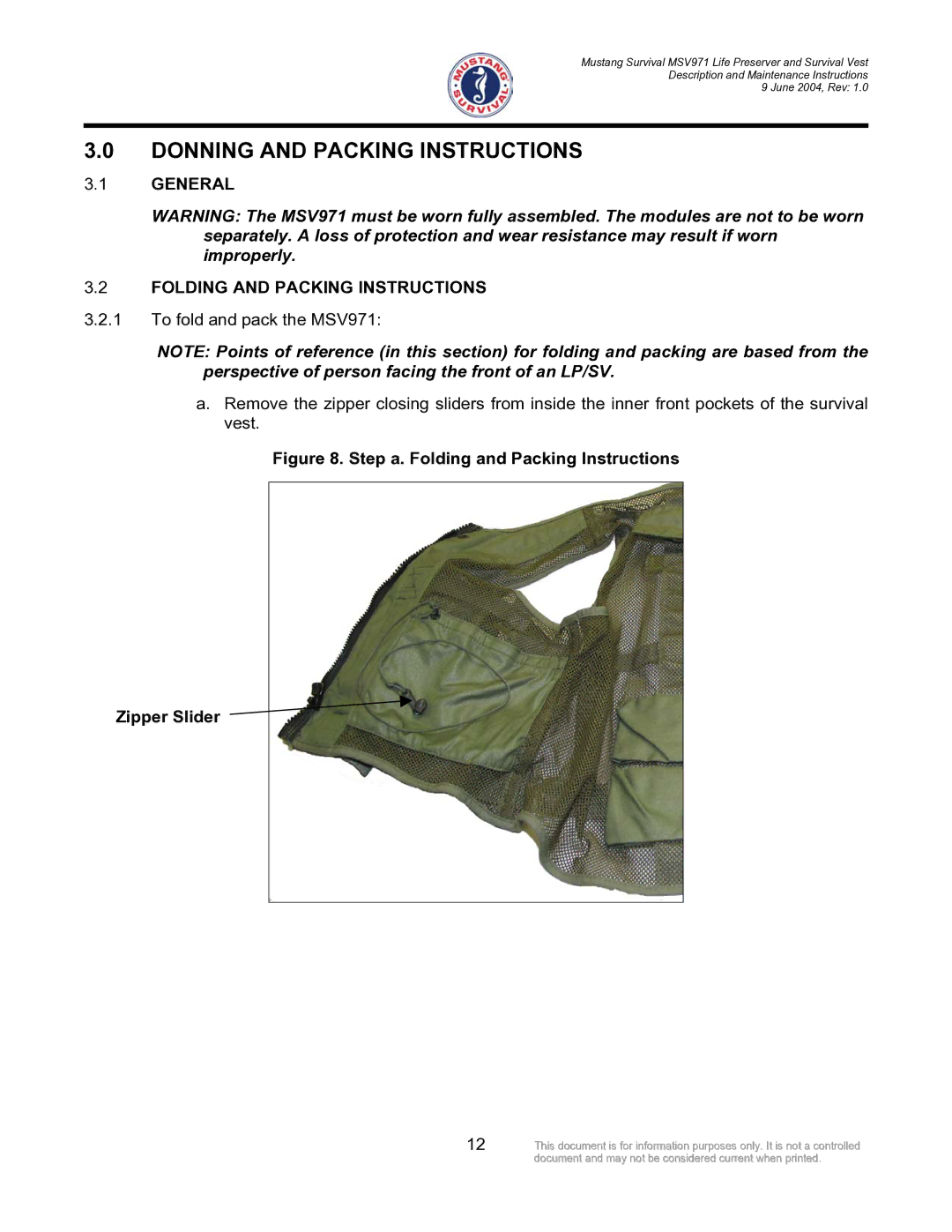 Mustang Survival MSV971 manual Donning and Packing Instructions, General Folding and Packing Instructions 