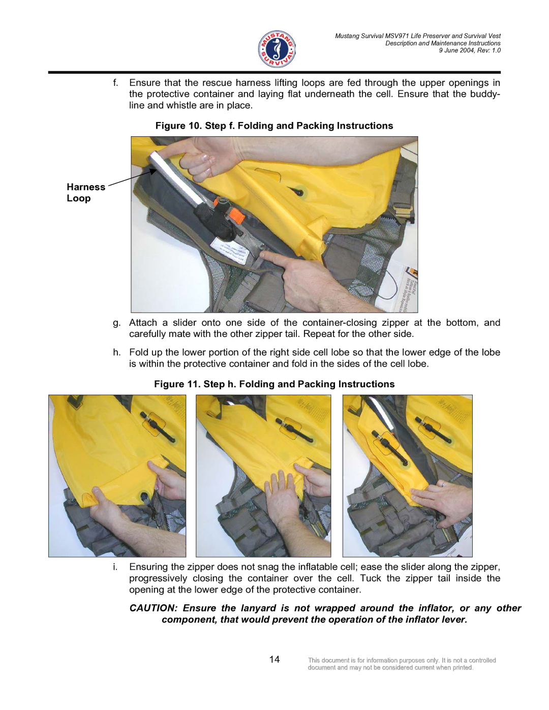 Mustang Survival MSV971 manual Step f. Folding and Packing Instructions Harness Loop 