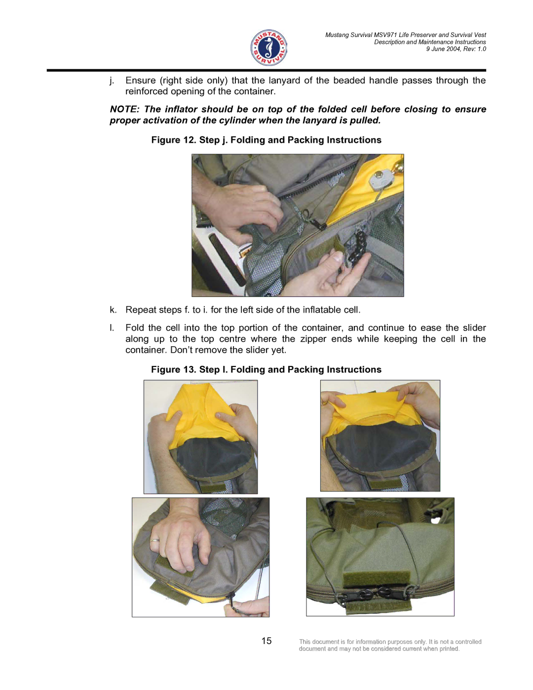 Mustang Survival MSV971 manual Step j. Folding and Packing Instructions 