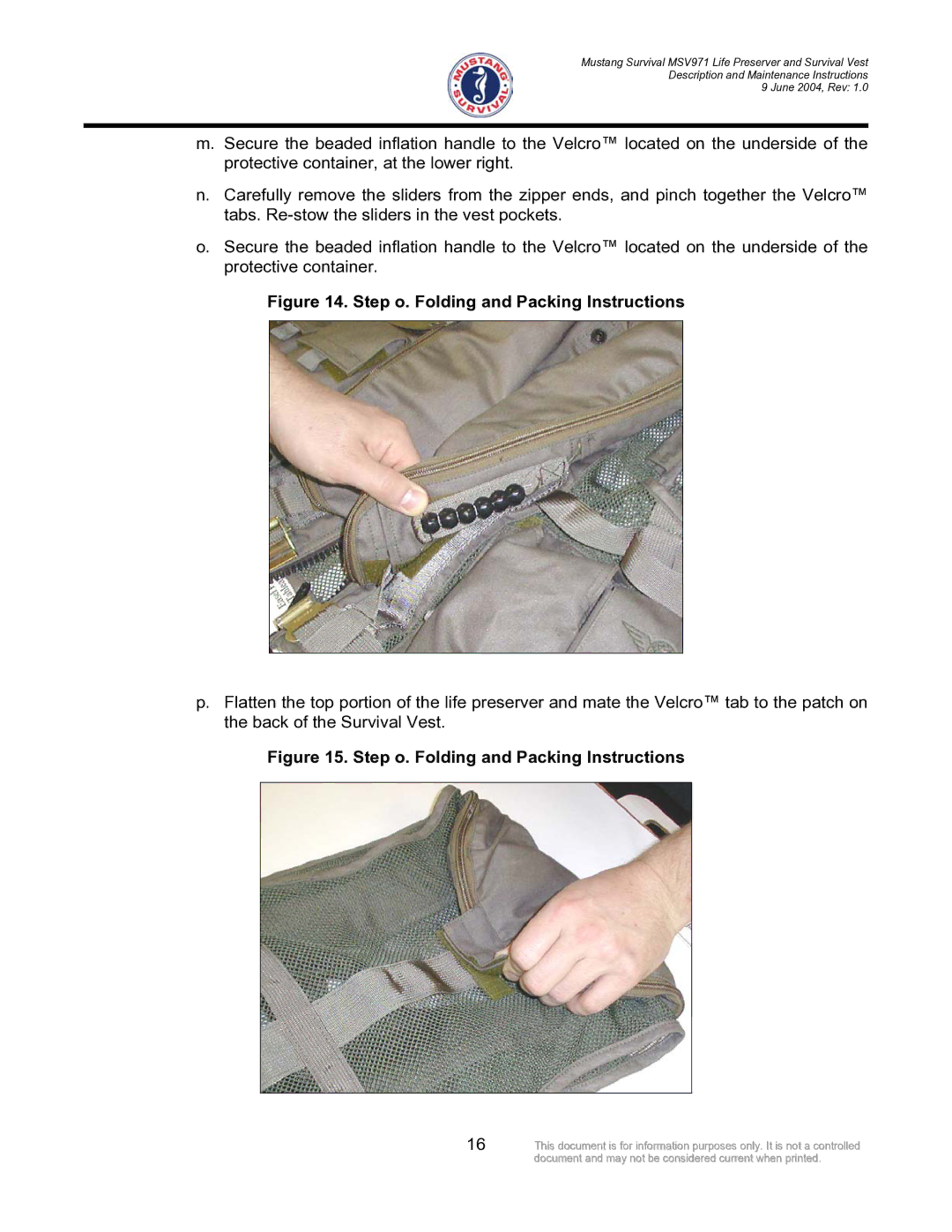 Mustang Survival MSV971 manual Step o. Folding and Packing Instructions 