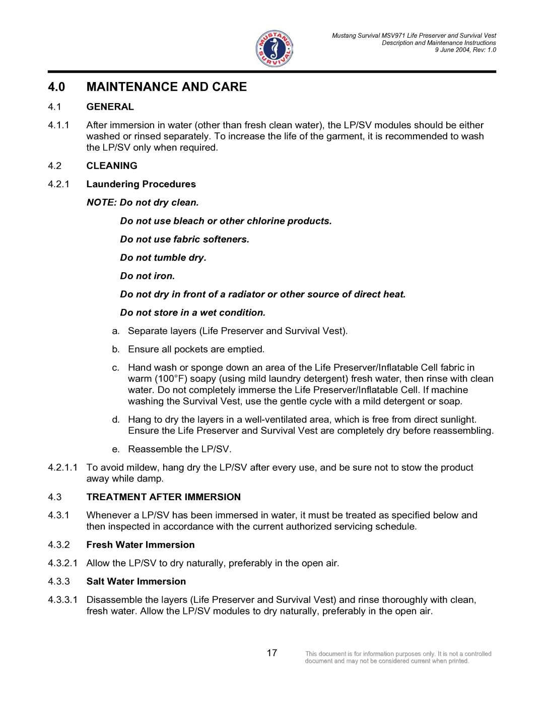 Mustang Survival MSV971 manual Maintenance and Care, Cleaning, Treatment After Immersion, Fresh Water Immersion 