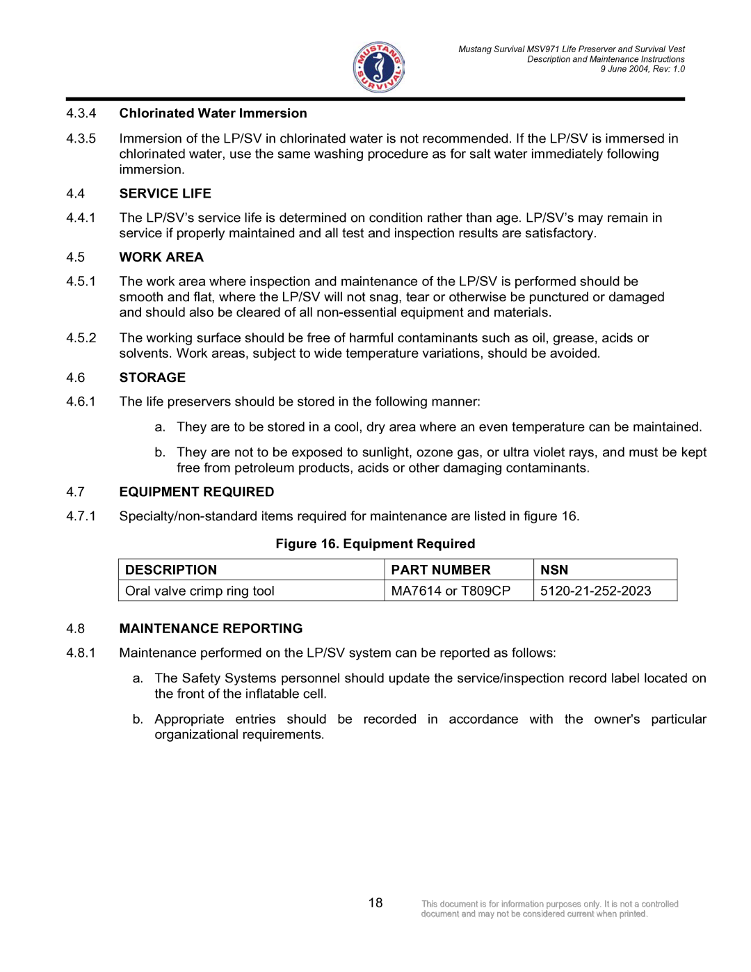 Mustang Survival MSV971 manual Service Life, Work Area, Storage, Equipment Required, Description Part Number NSN 