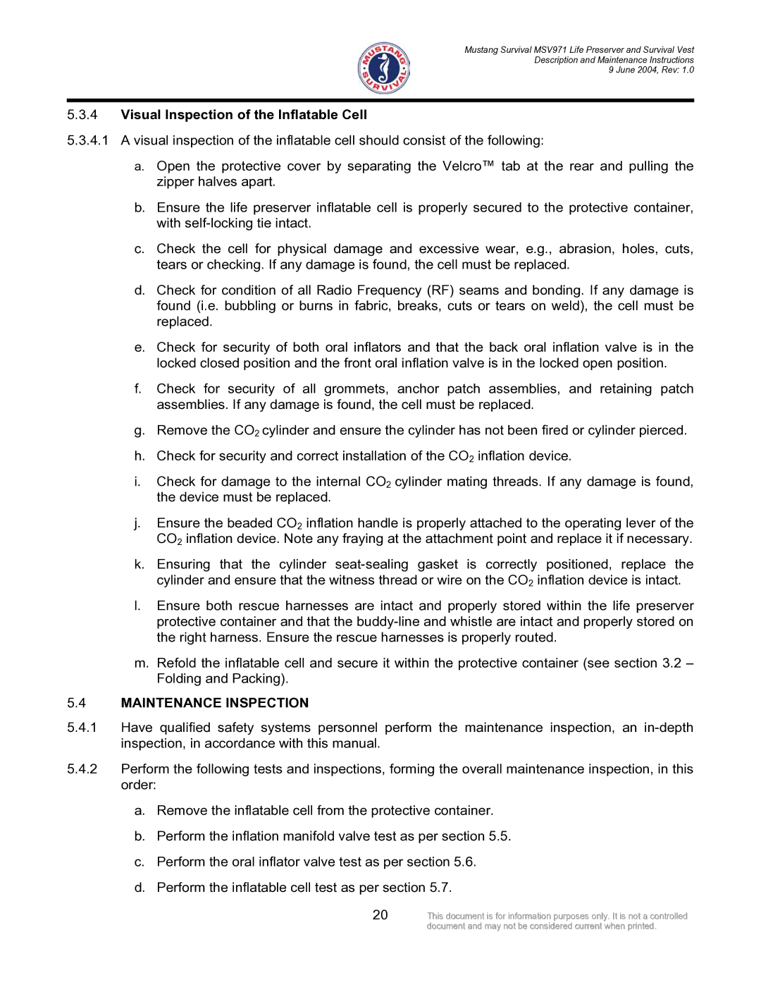 Mustang Survival MSV971 manual Visual Inspection of the Inflatable Cell, Maintenance Inspection 