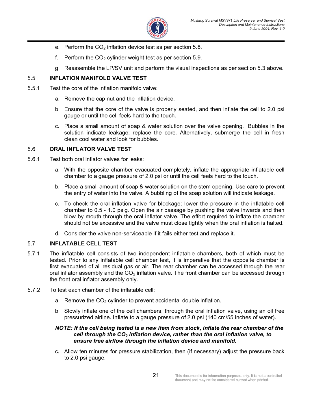 Mustang Survival MSV971 manual Inflation Manifold Valve Test, Oral Inflator Valve Test, Inflatable Cell Test 