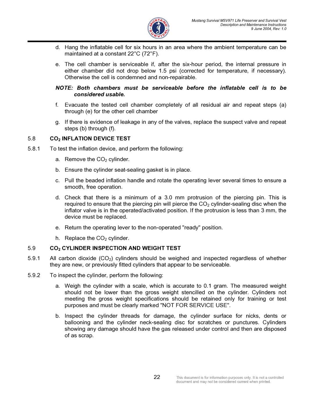 Mustang Survival MSV971 manual CO2 Inflation Device Test, CO2 Cylinder Inspection and Weight Test 