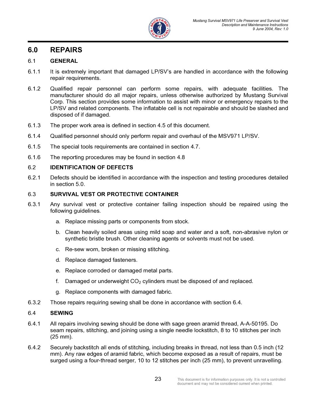 Mustang Survival MSV971 manual Repairs, Identification of Defects, Survival Vest or Protective Container, Sewing 