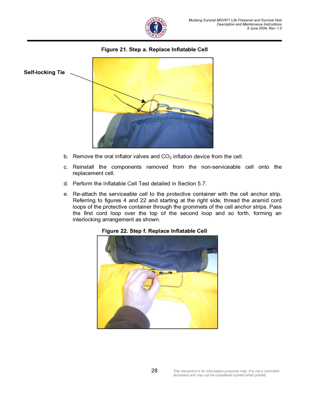 Mustang Survival MSV971 manual Step a. Replace Inflatable Cell Self-locking Tie 