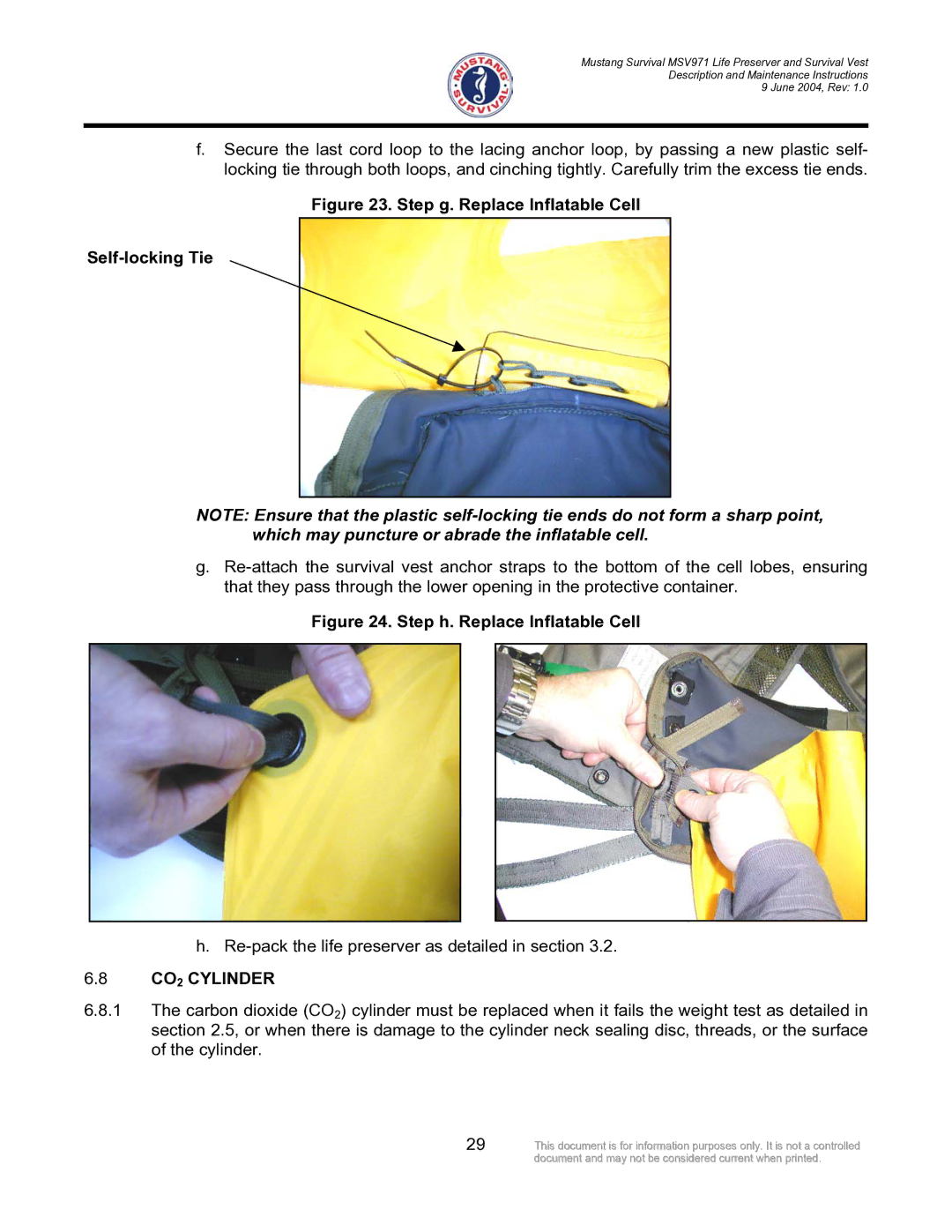 Mustang Survival MSV971 manual Step g. Replace Inflatable Cell Self-locking Tie, CO2 Cylinder 