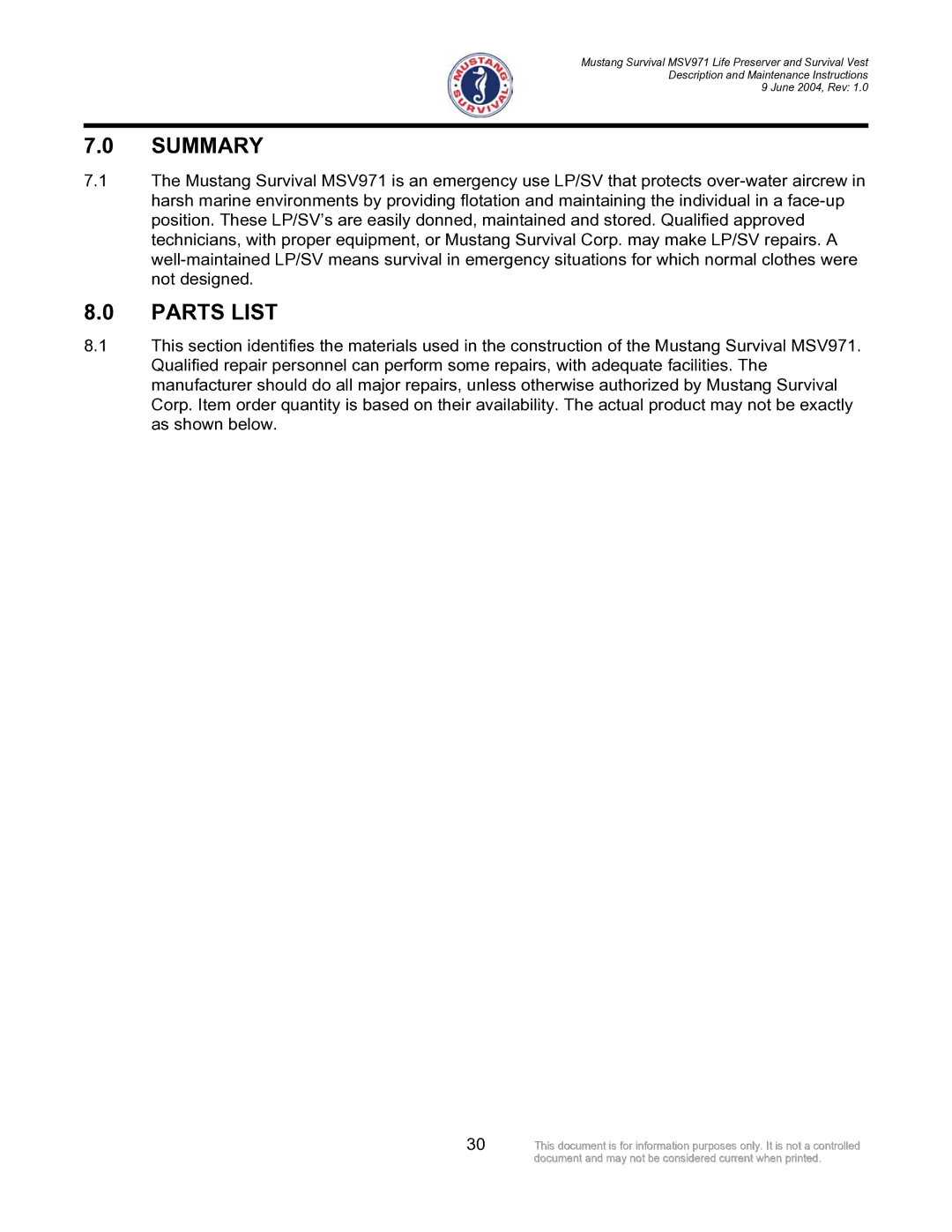 Mustang Survival MSV971 manual Summary, Parts List 