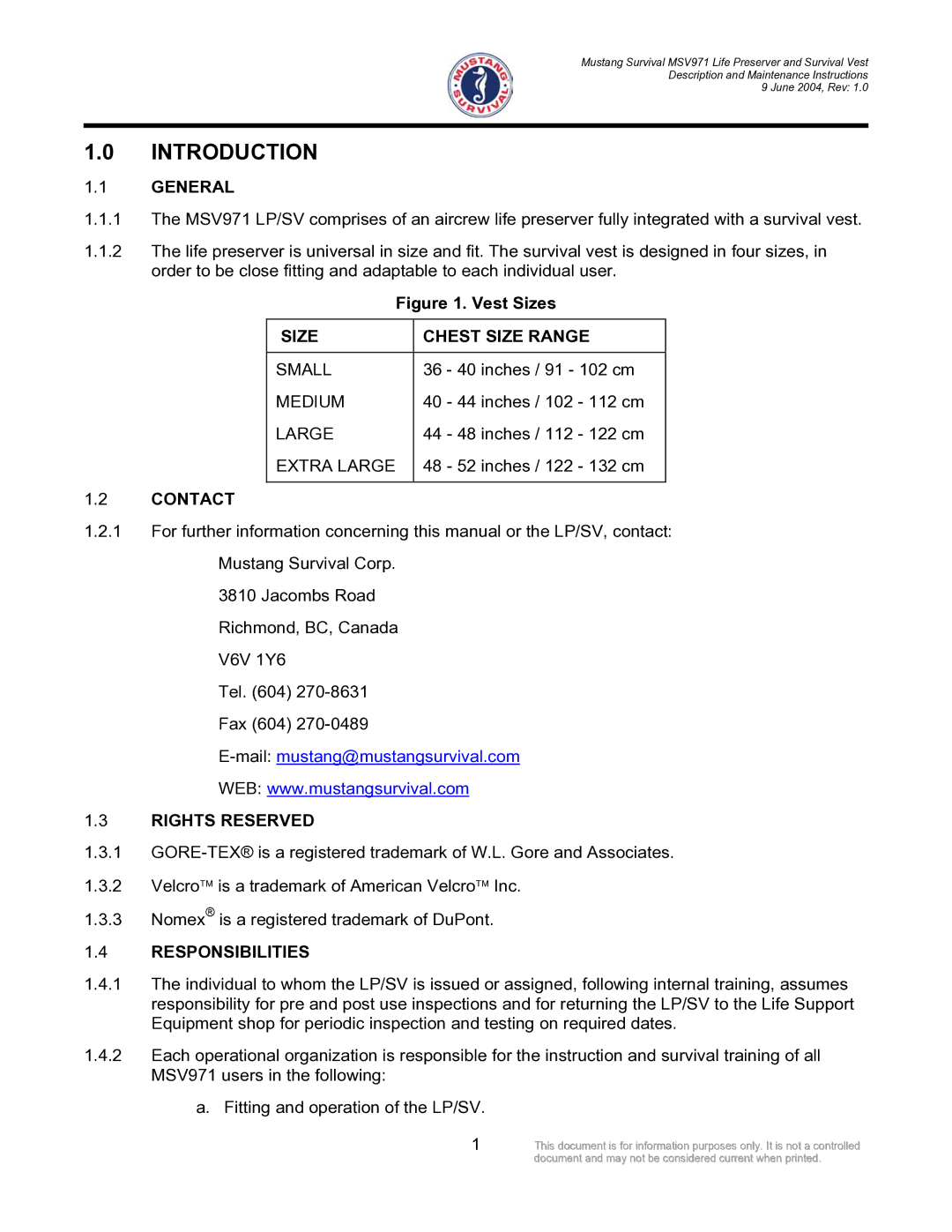 Mustang Survival MSV971 manual Introduction 