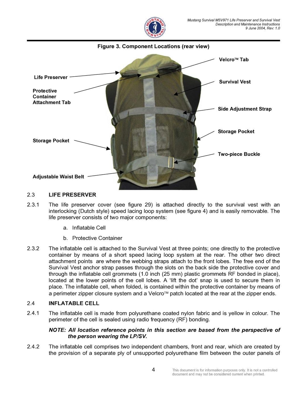 Mustang Survival MSV971 manual Life Preserver, Inflatable Cell 