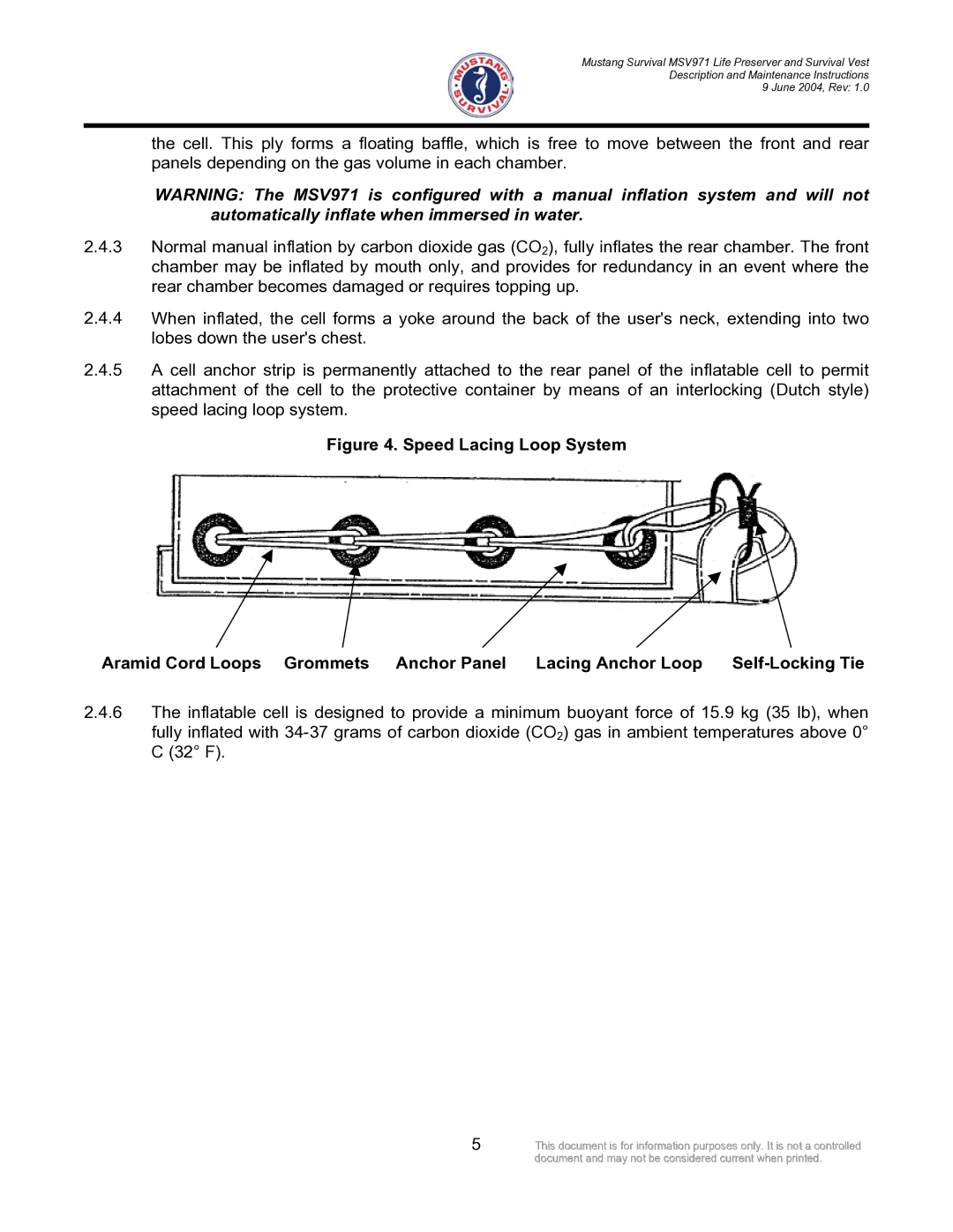 Mustang Survival MSV971 manual Document and may not be considered current when printed 