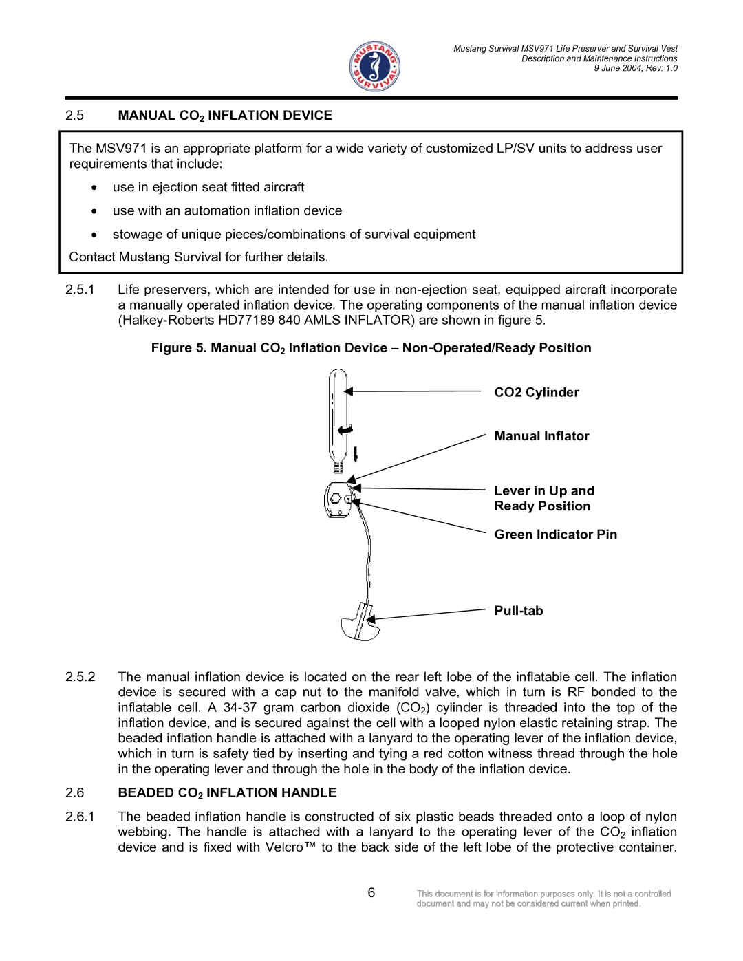 Mustang Survival MSV971 manual Manual CO2 Inflation Device, Beaded CO2 Inflation Handle 