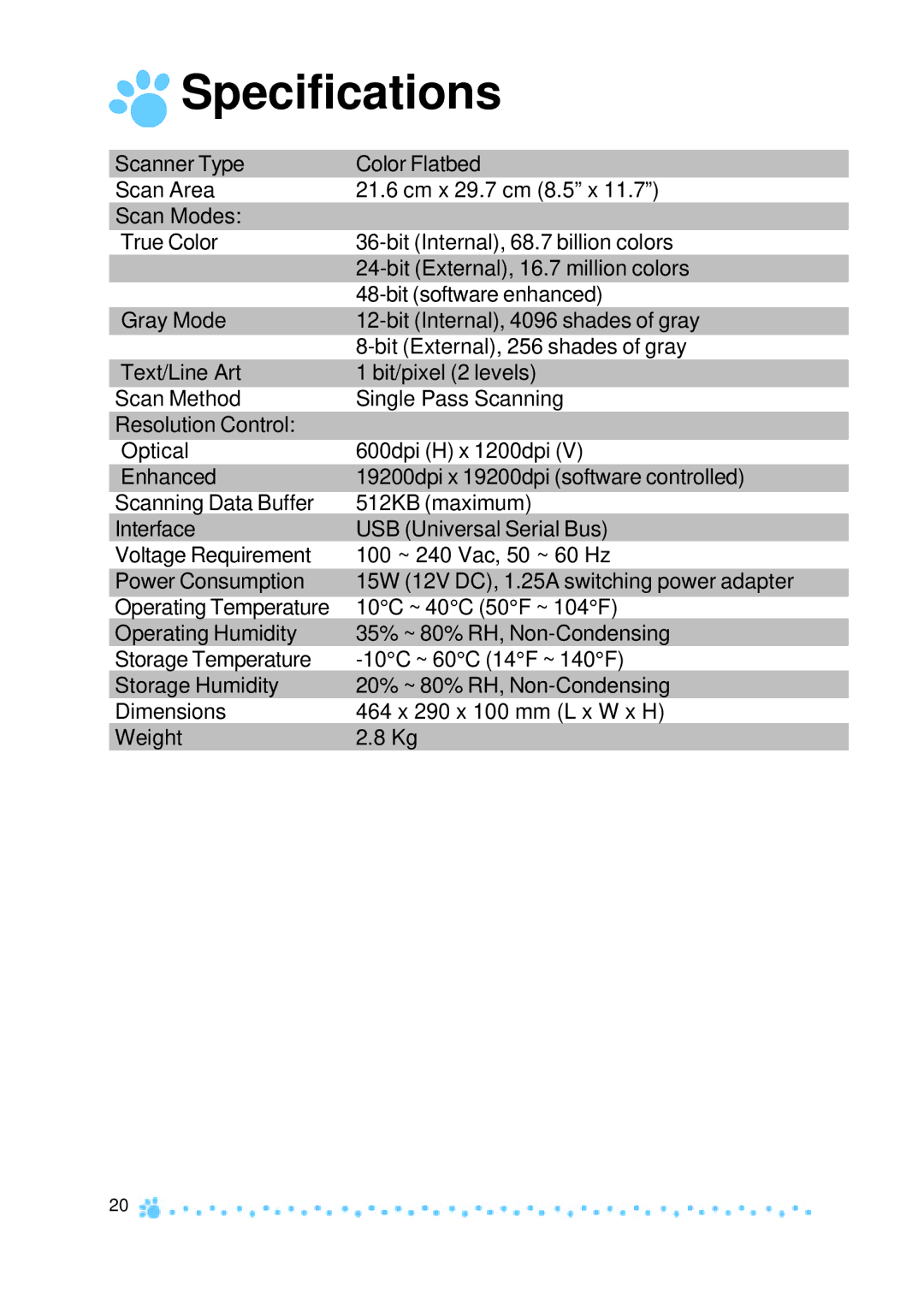 Mustek 1200 manual Specifications 