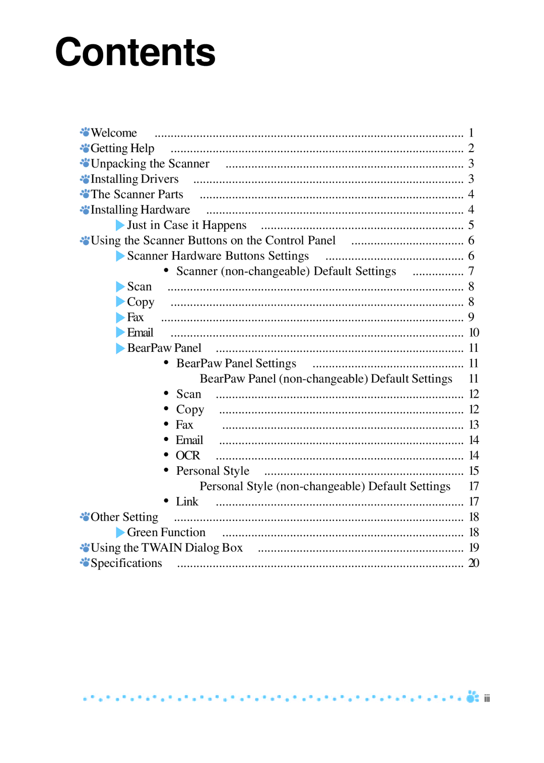 Mustek 1200 manual Contents 