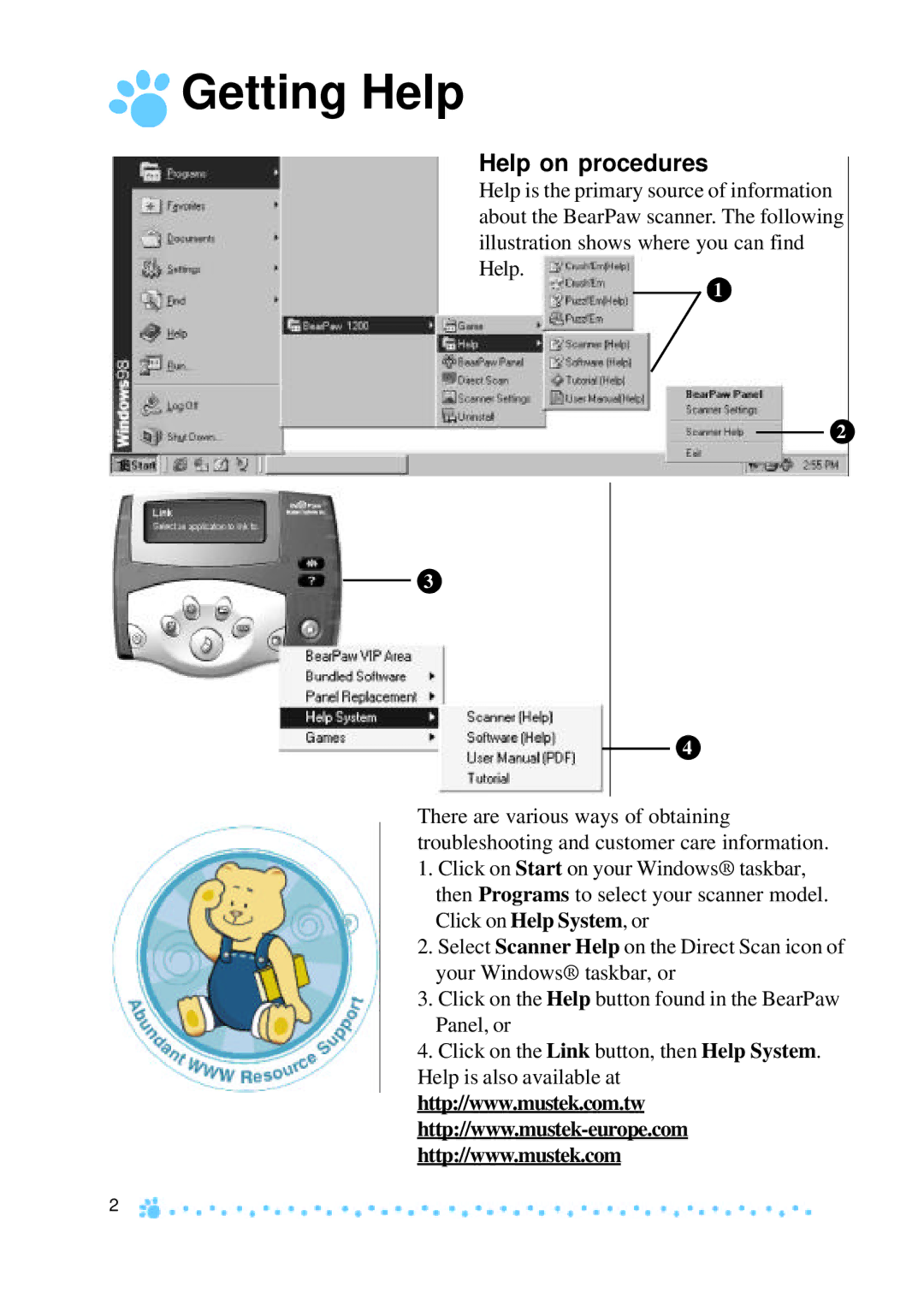 Mustek 1200 manual Getting Help, Help on procedures 