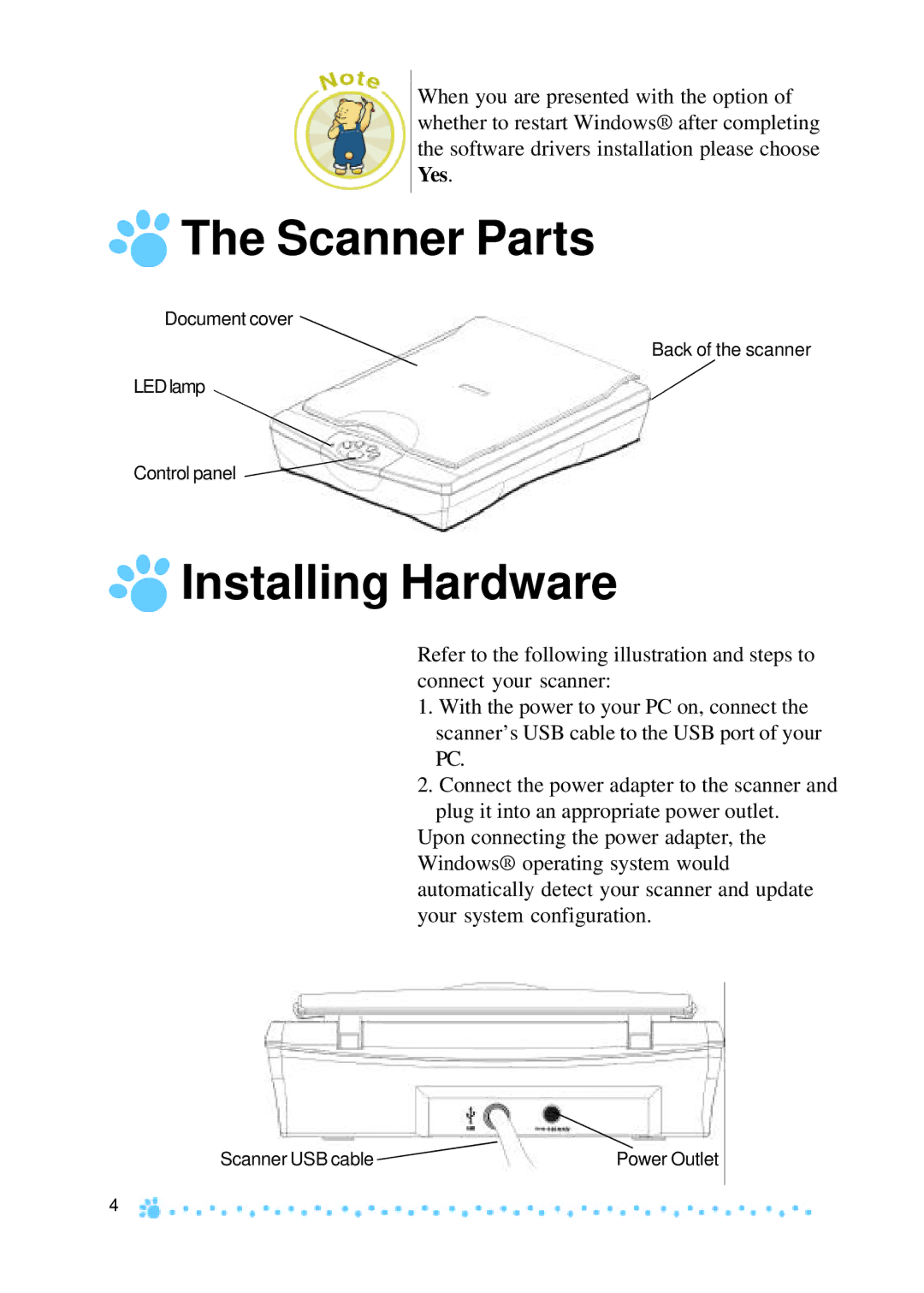 Mustek 1200 manual Scanner Parts, Installing Hardware 