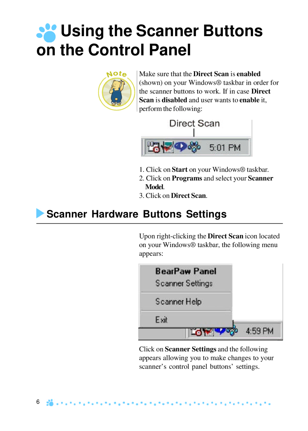 Mustek 1200 manual Using the Scanner Buttons on the Control Panel, Scanner Hardware Buttons Settings 