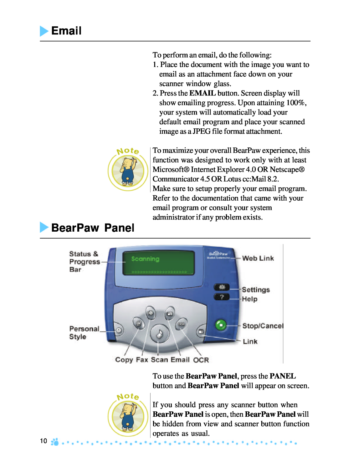 Mustek 1200 manual Email, BearPaw Panel 