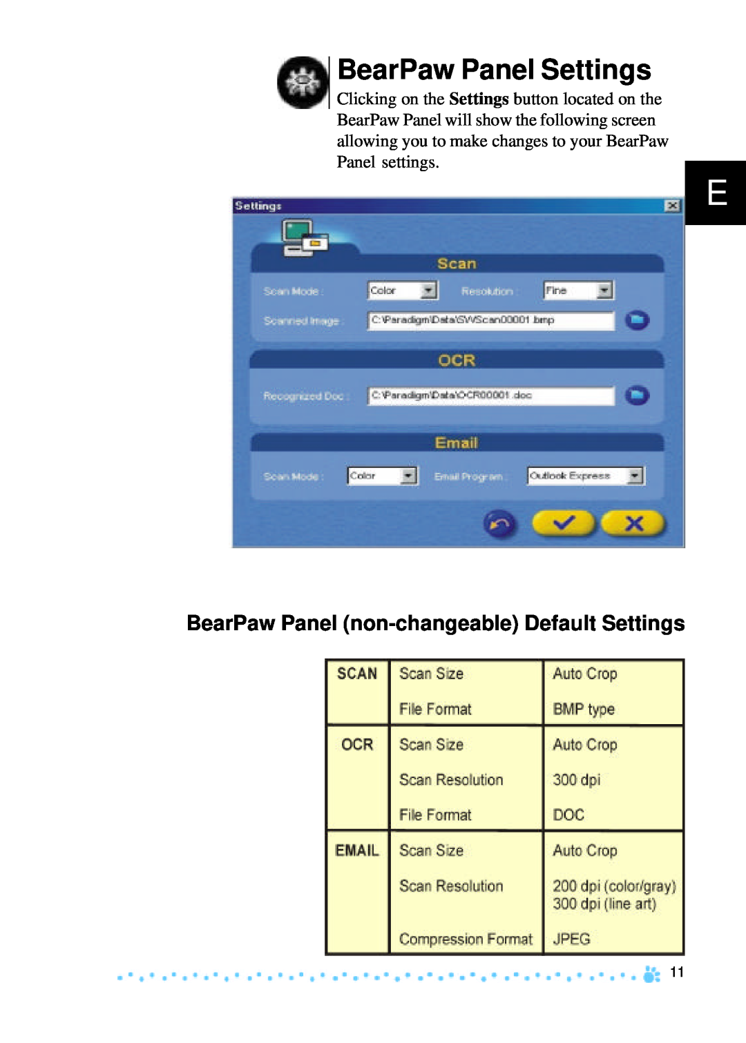 Mustek 1200 manual BearPaw Panel Settings, BearPaw Panel non-changeable Default Settings 