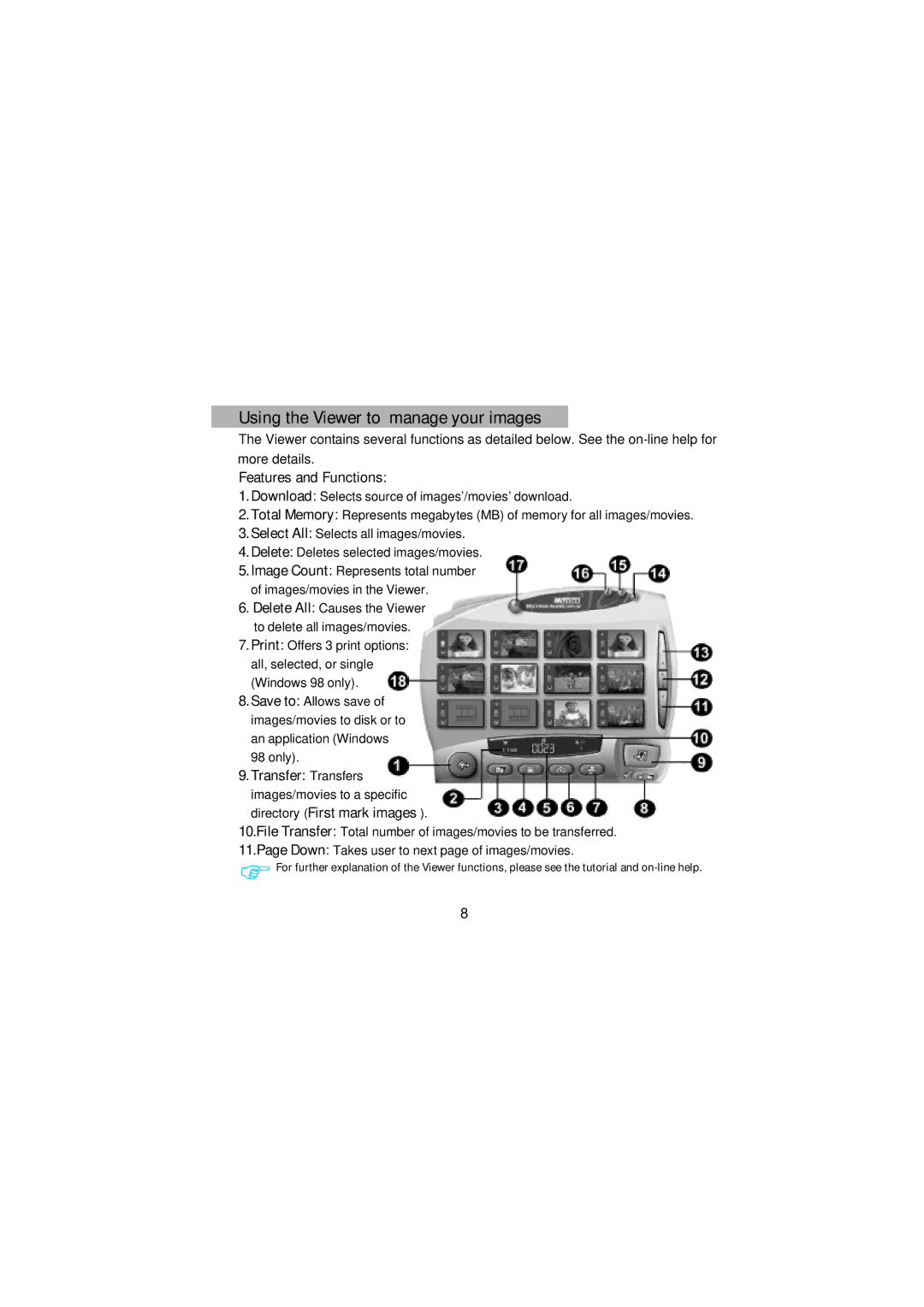 Mustek 350 manual Using the Viewer to manage your images, Features and Functions 