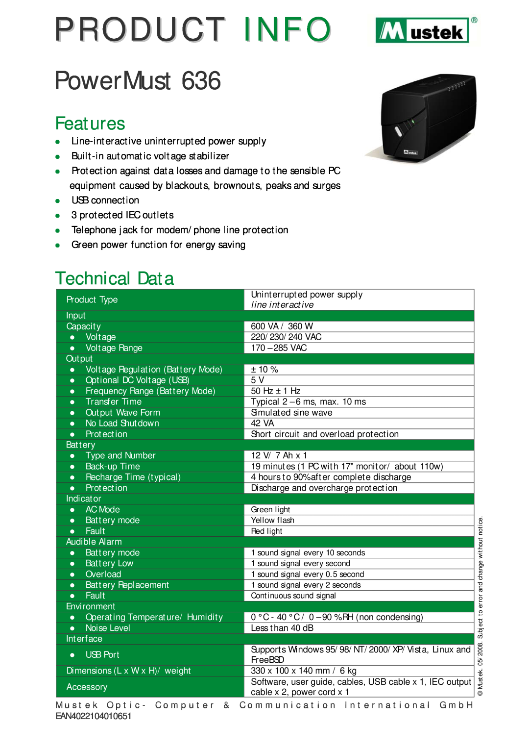 Mustek 636 dimensions Product Info, PowerMust, Features, Technical Data, z Line-interactive uninterrupted power supply 