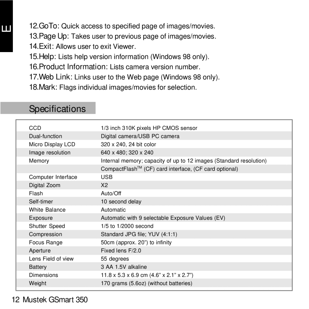 Mustek GSmart 350 manual Specifications, Ccd 