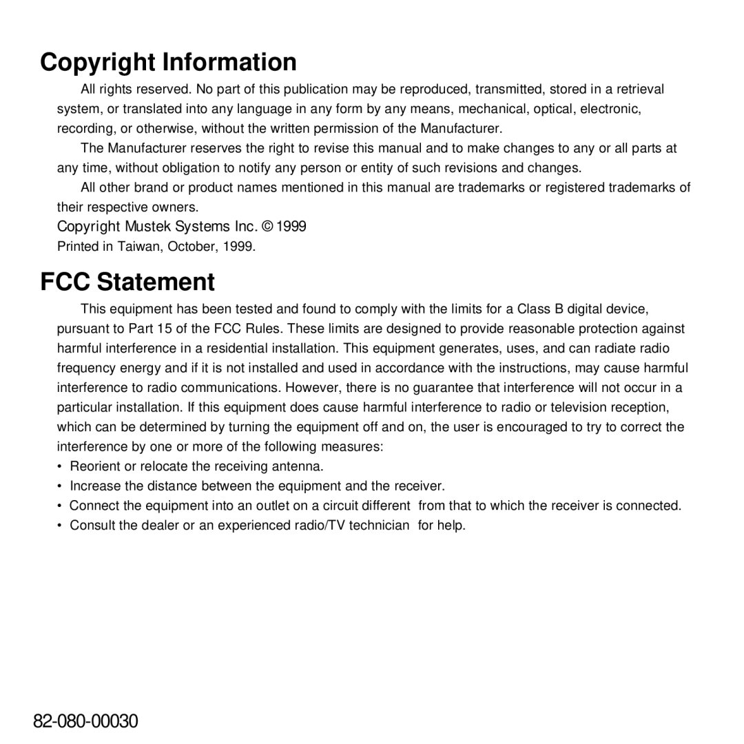 Mustek GSmart 350 manual Copyright Information, FCC Statement, 82-080-00030 