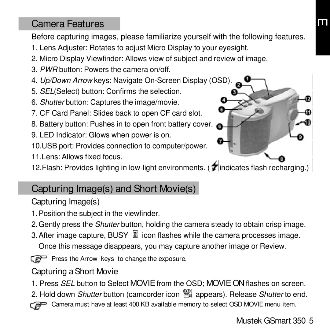 Mustek GSmart 350 manual Camera Features, Capturing Images and Short Movies, Capturing a Short Movie 