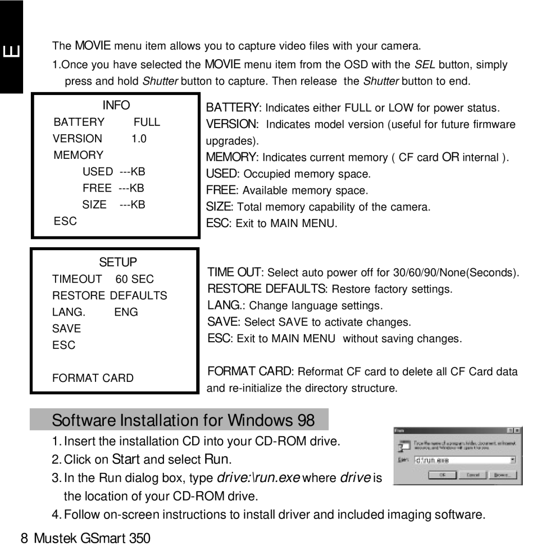 Mustek GSmart 350 manual Software Installation for Windows, Info, Setup 