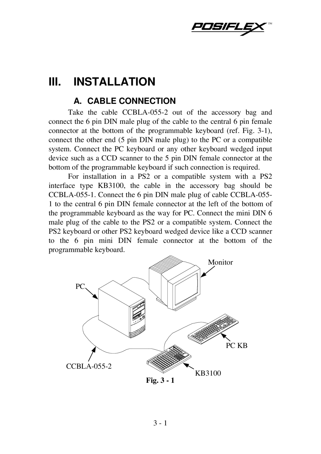 Mustek KB3100 user manual III. Installation, Cable Connection 