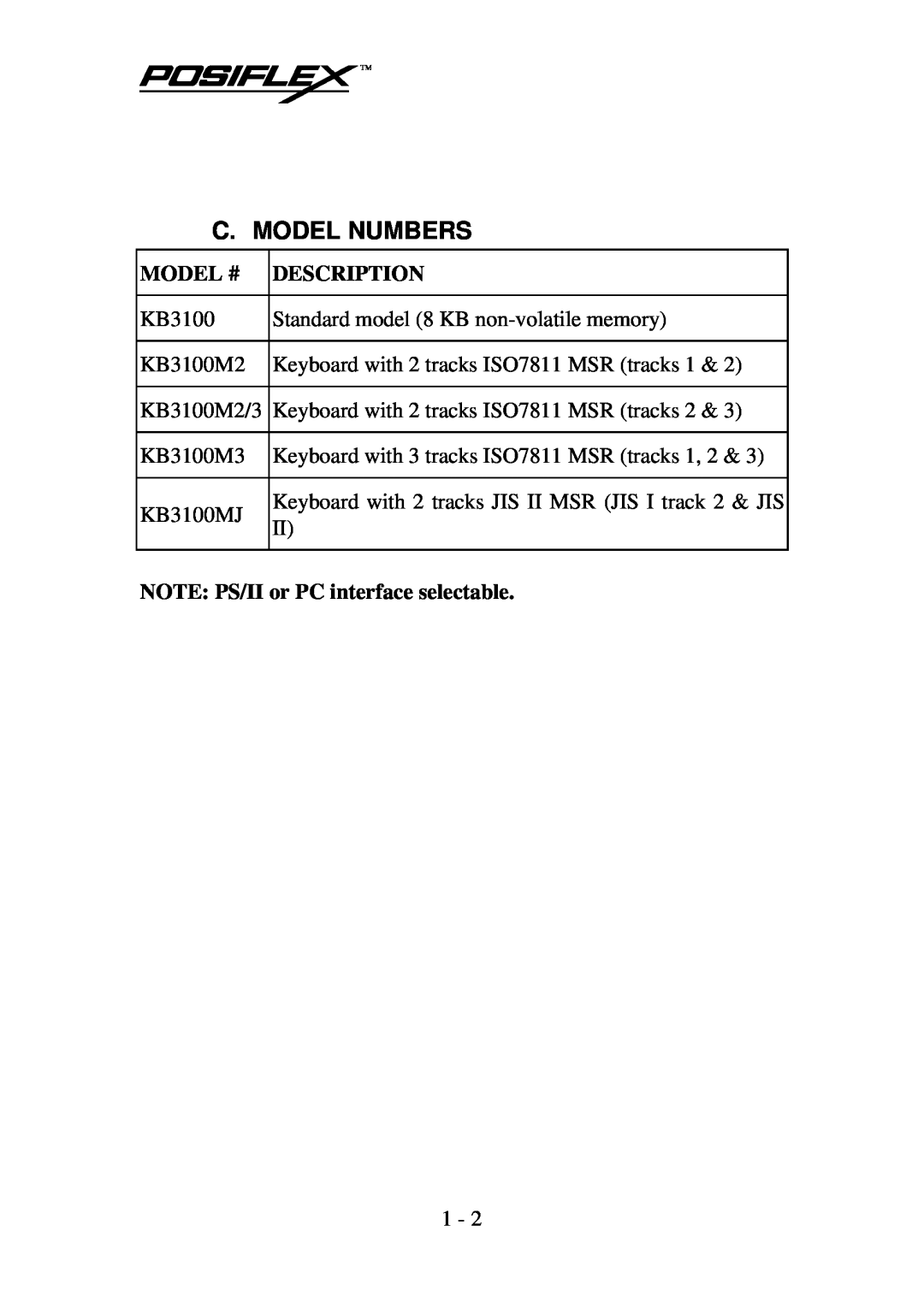 Mustek KB3100 user manual C. Model Numbers, Model #, Description, NOTE PS/II or PC interface selectable 