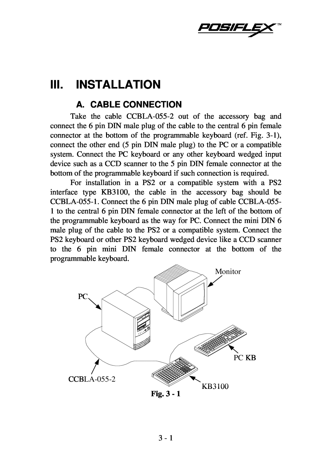 Mustek KB3100 user manual Iii. Installation, A. Cable Connection 