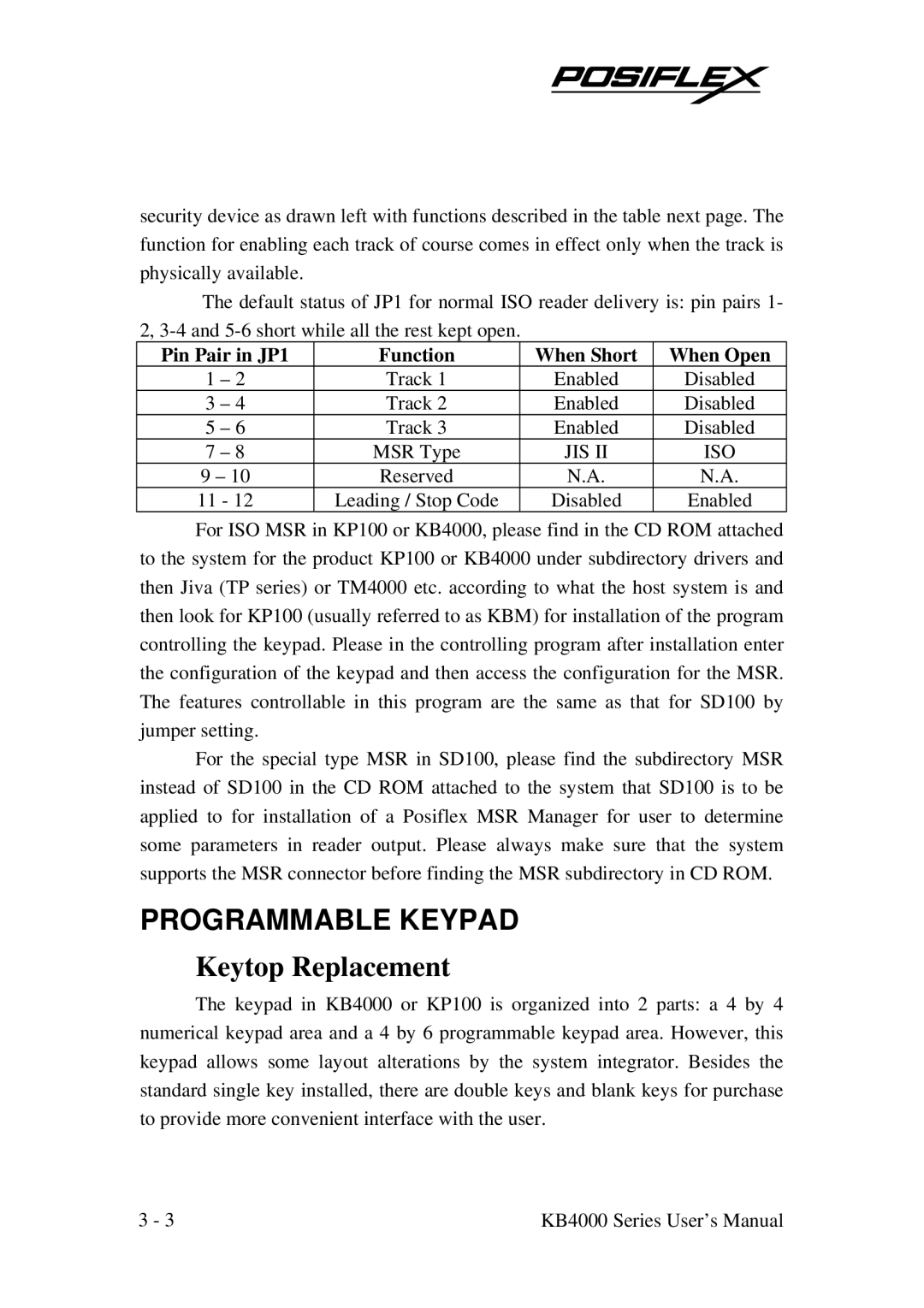 Mustek KB4000, KP100, SD100 Programmable Keypad, Keytop Replacement, Pin Pair in JP1 Function When Short When Open 