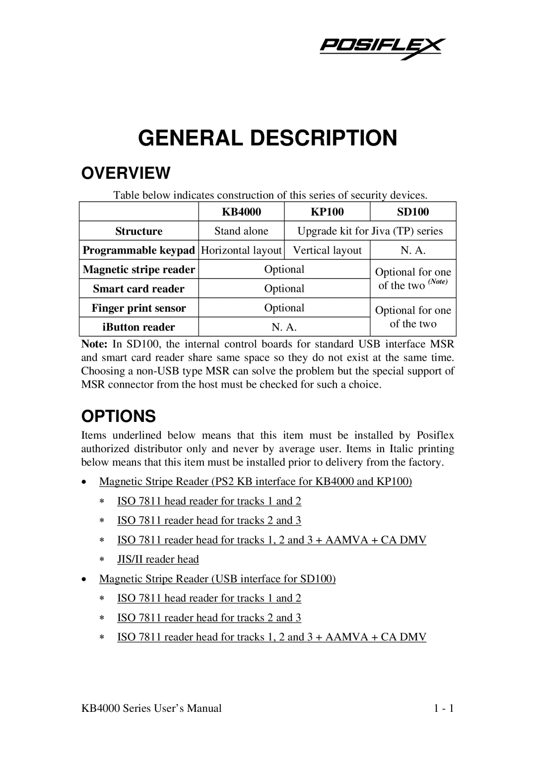 Mustek KP100, SD100, KB4000 user manual General Description, Overview, Options 