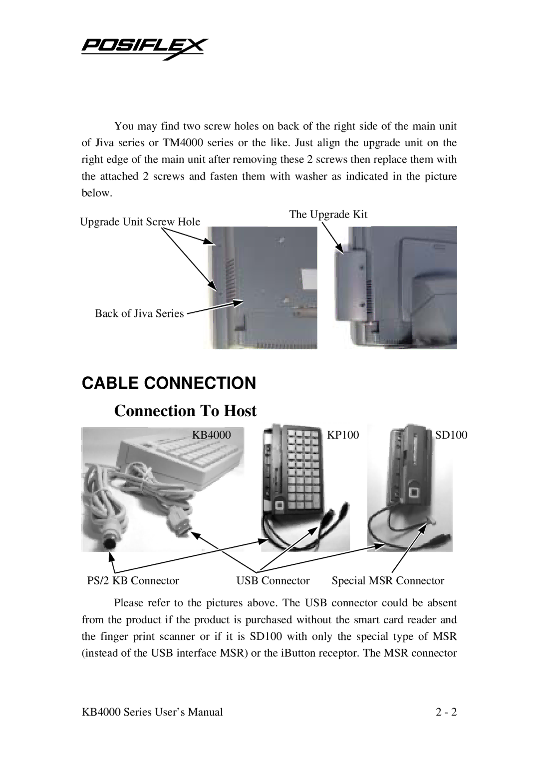 Mustek KP100, SD100, KB4000 user manual Cable Connection, Connection To Host 