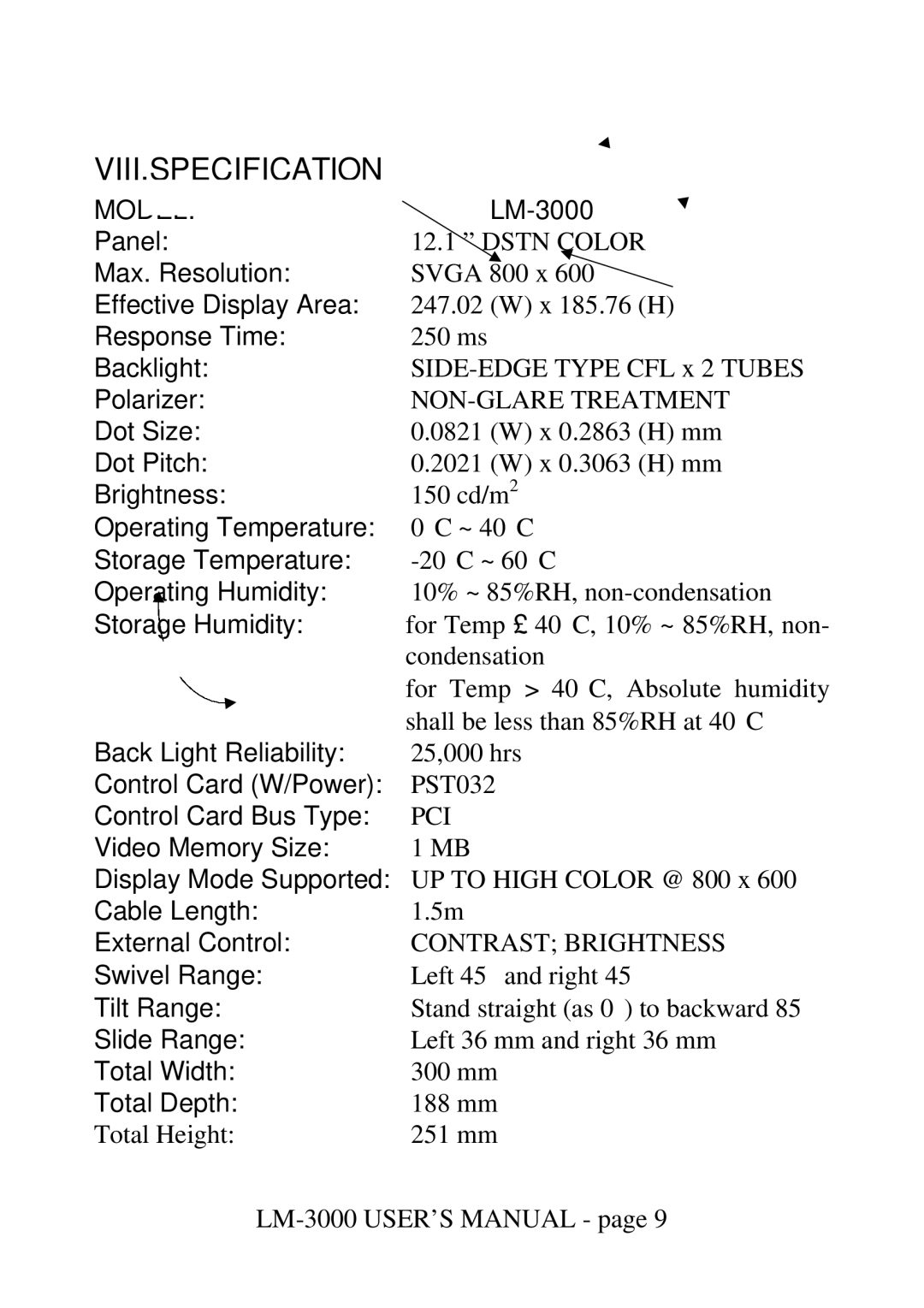 Mustek LM-3000 user manual Viii.Specification, Model 