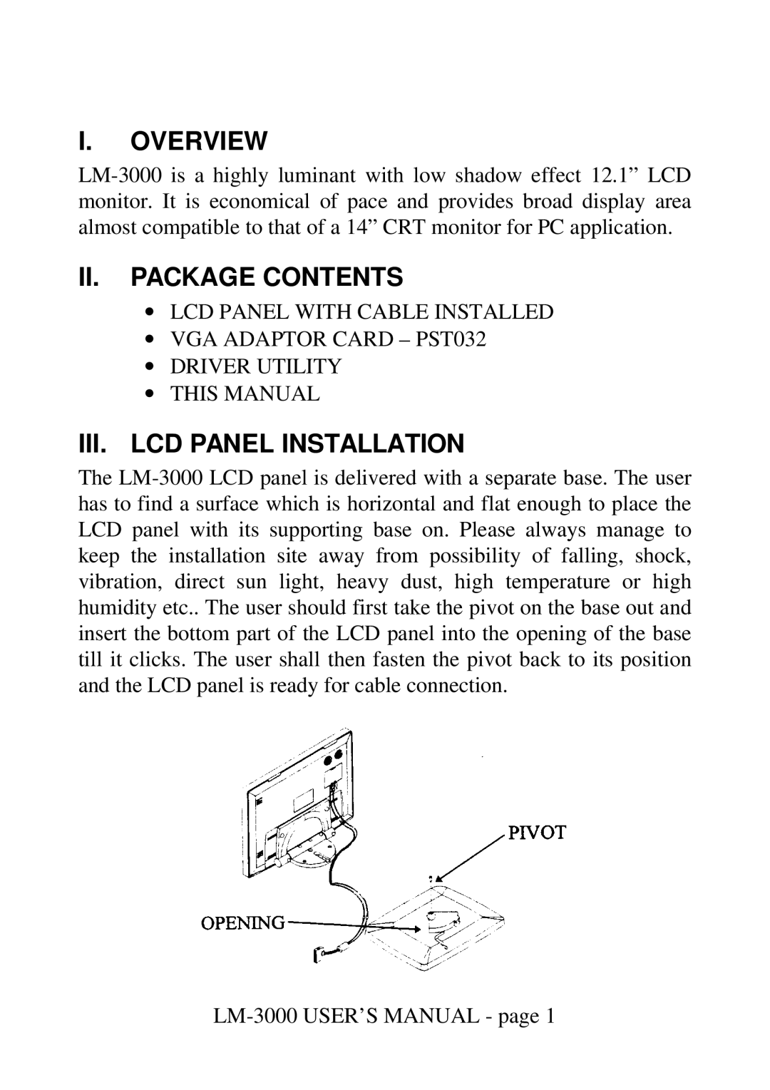 Mustek LM-3000 user manual Overview, II. Package Contents, III. LCD Panel Installation 