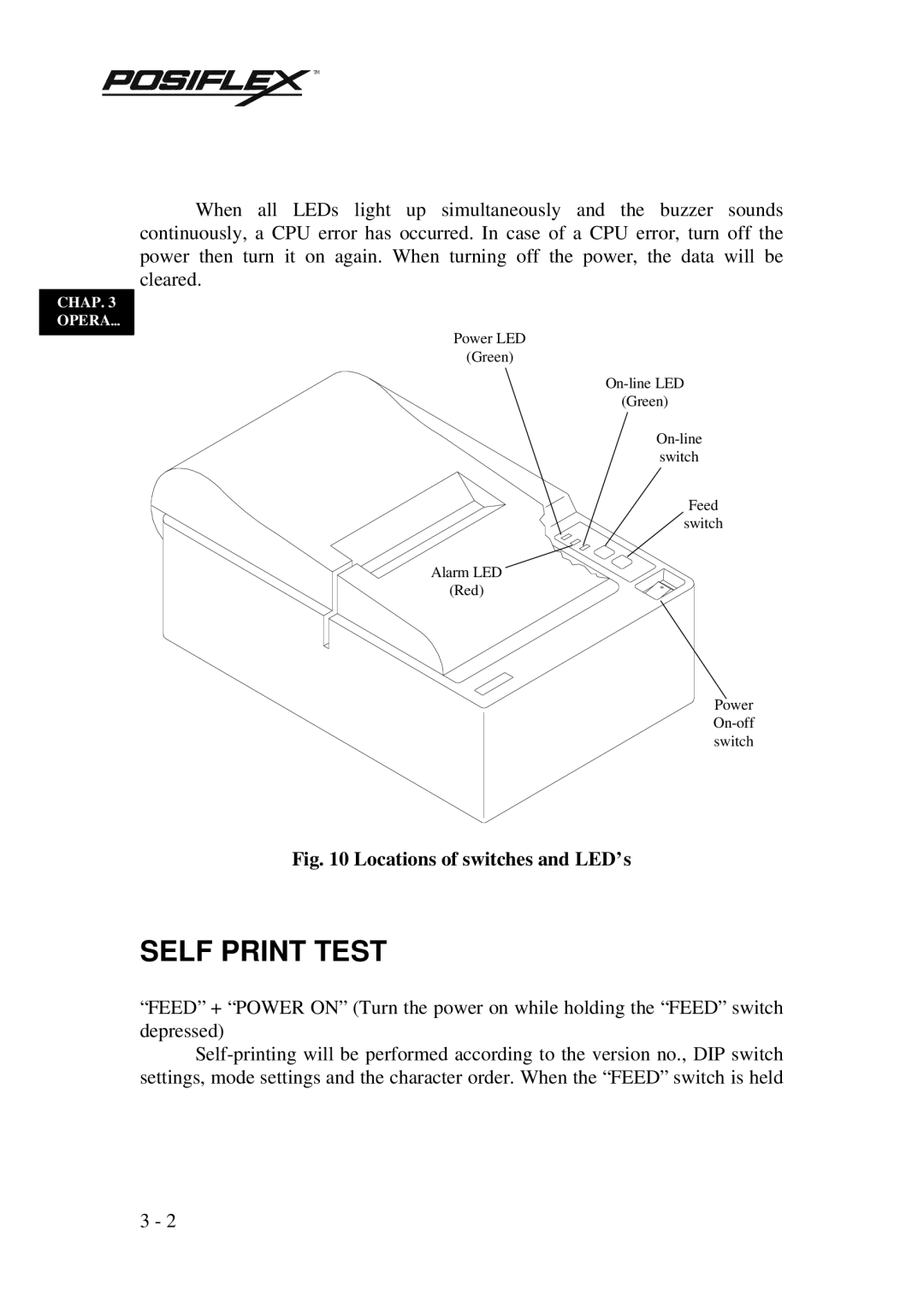 Mustek PP3000 manual Self Print Test, Locations of switches and LED’s 