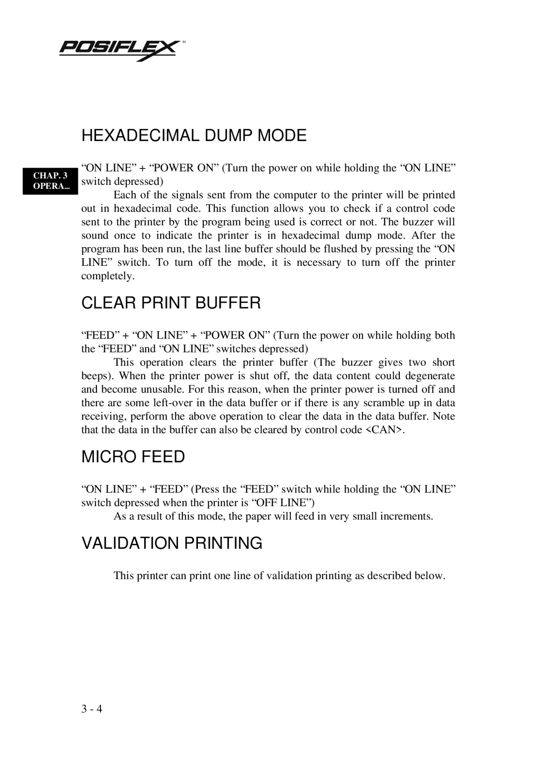 Mustek PP3000 manual Hexadecimal Dump Mode, Clear Print Buffer, Micro Feed, Validation Printing 