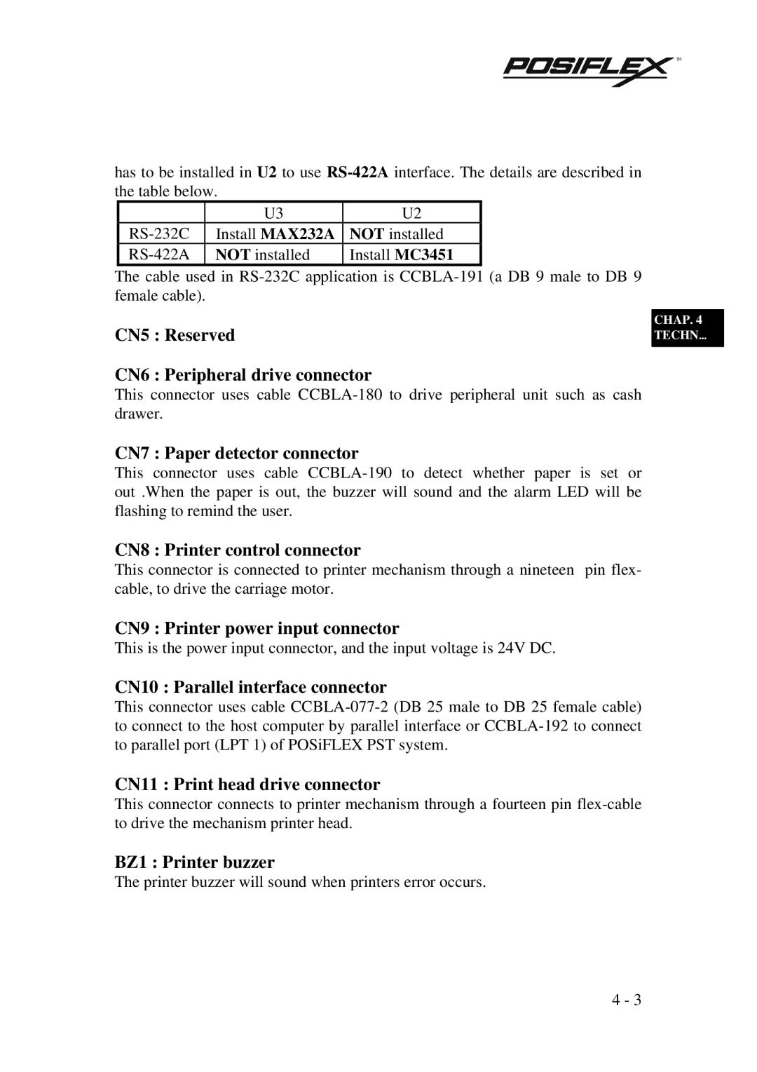 Mustek PP3000 manual CN9 Printer power input connector 