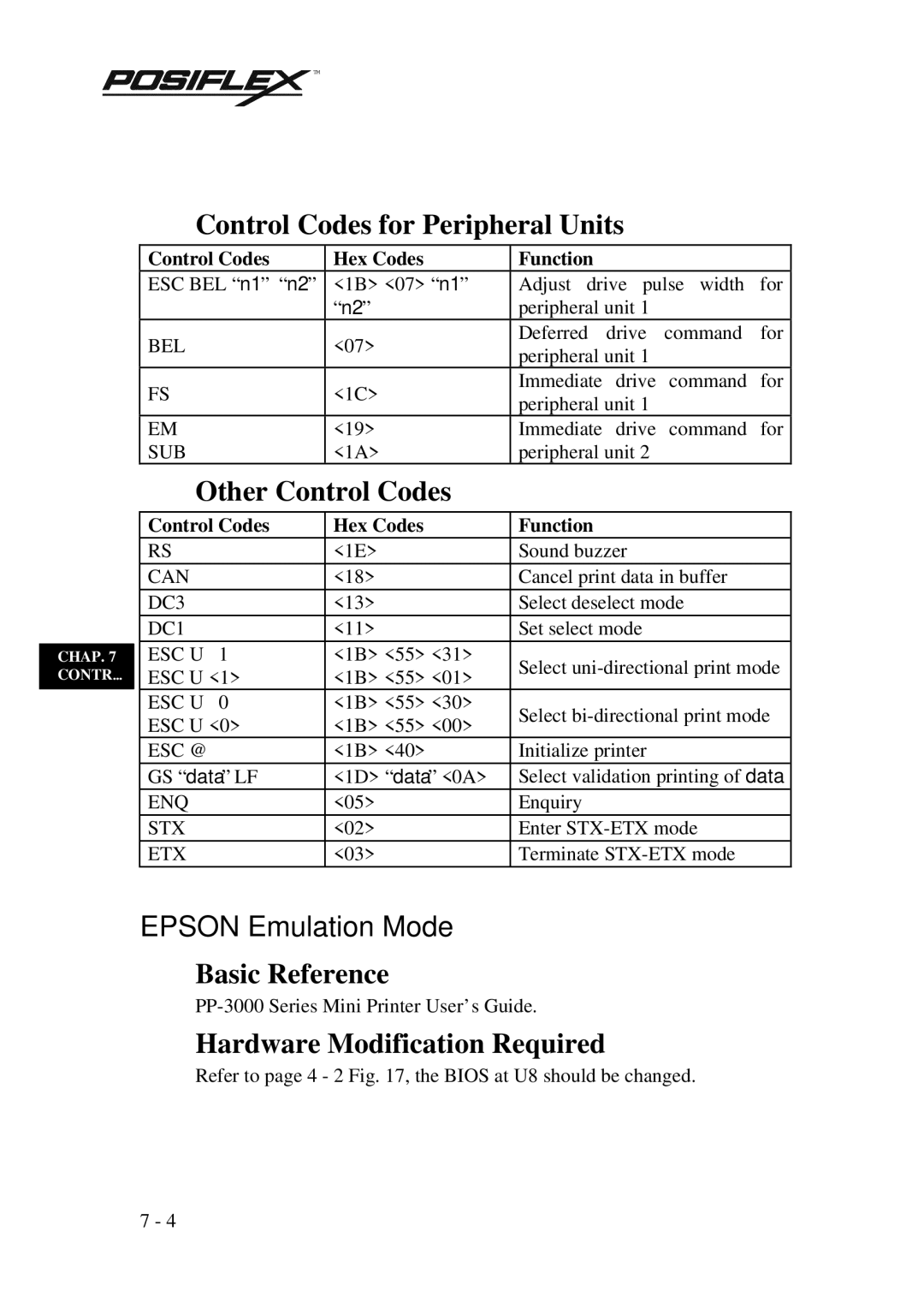 Mustek PP3000 Control Codes for Peripheral Units, Other Control Codes, Basic Reference, Hardware Modification Required 