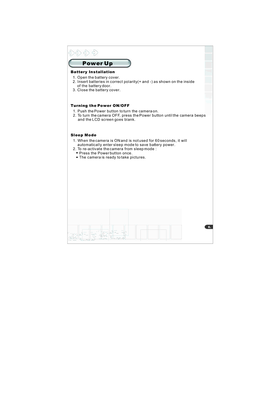 Mustek S40 manual Power Up, Battery Installation, Turning the Power ON/OFF, Sleep Mode 