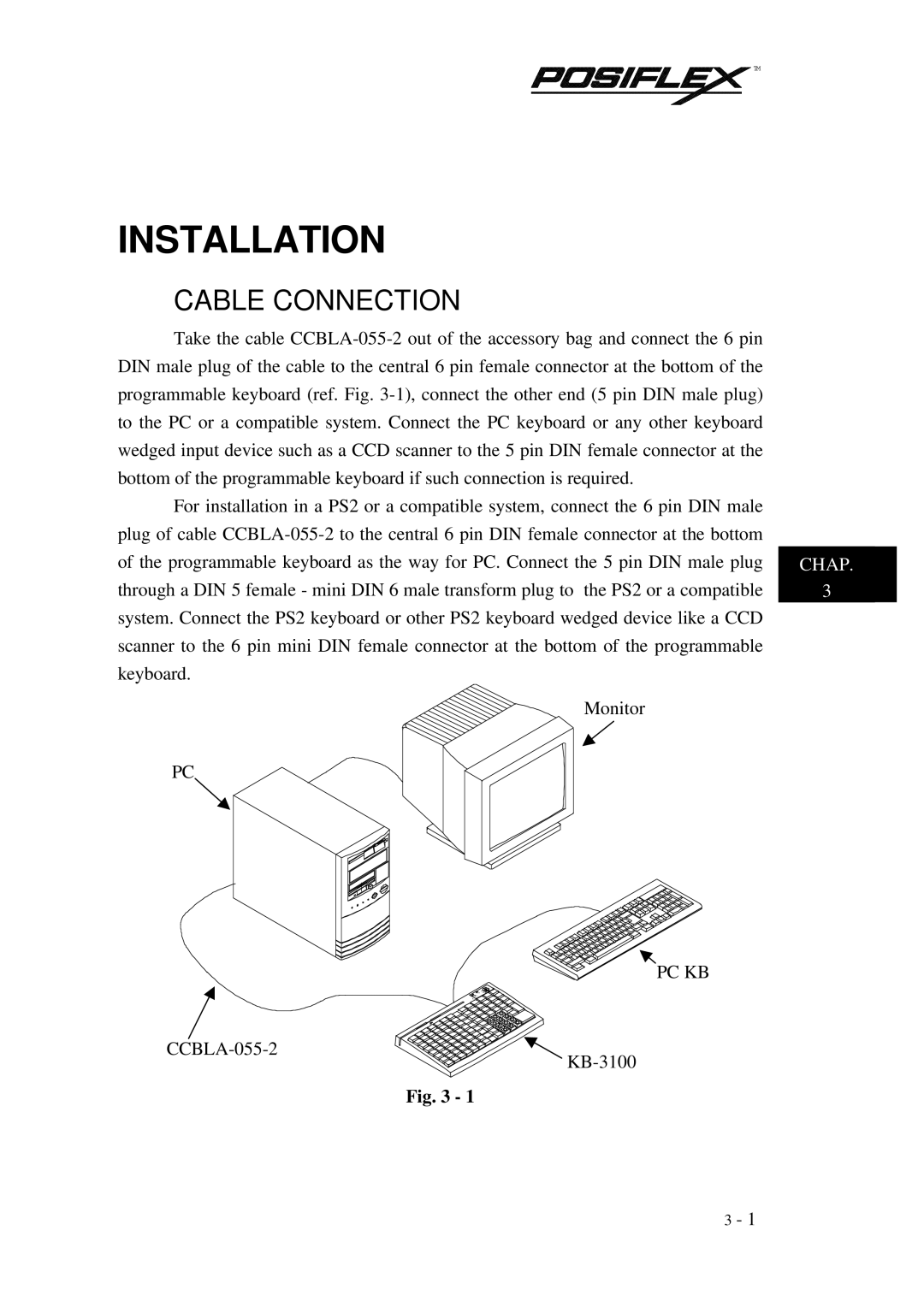 Mustek TM KB3100 user manual Installation, Cable Connection 