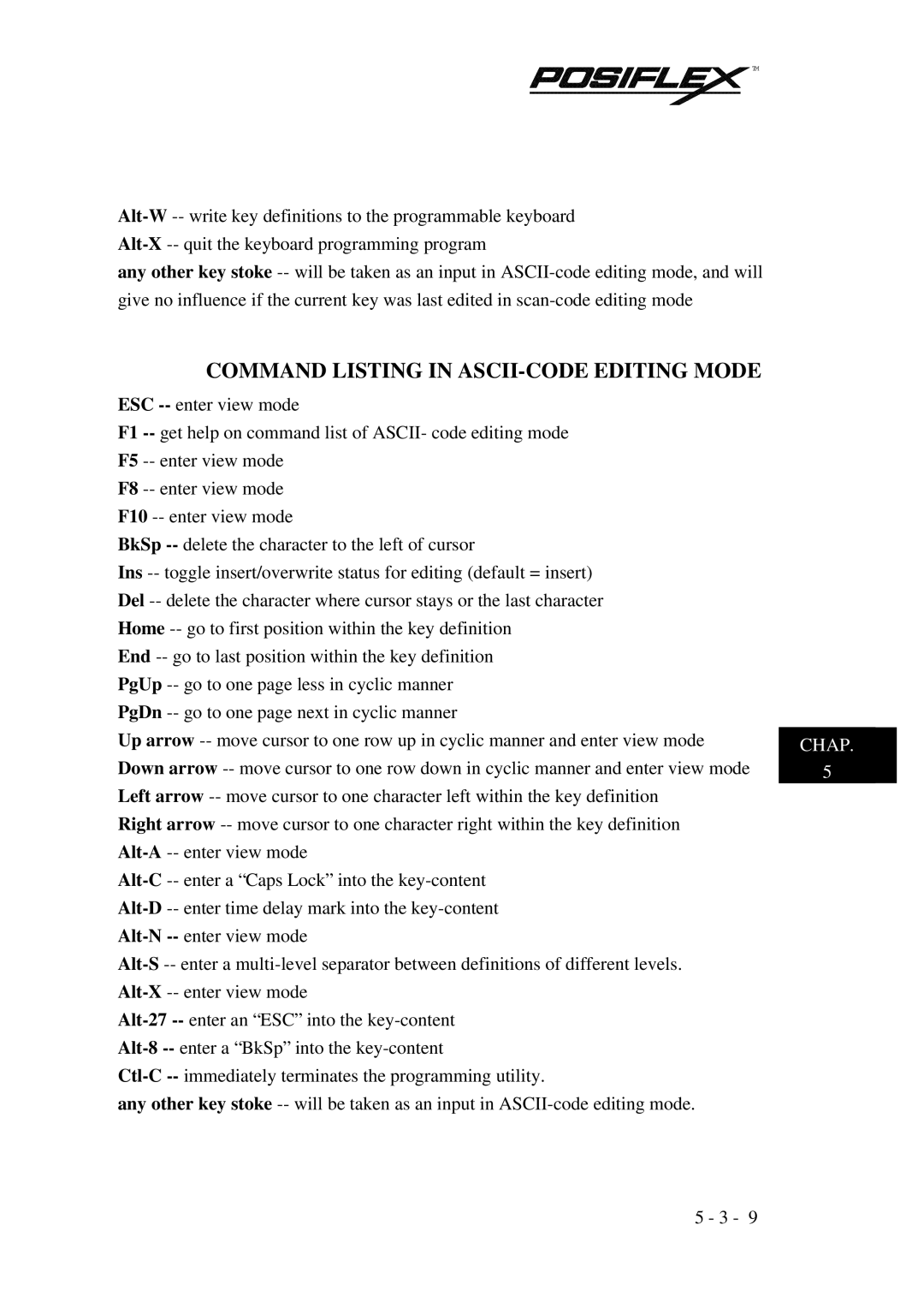 Mustek TM KB3100 user manual Command Listing in ASCII-CODE Editing Mode 