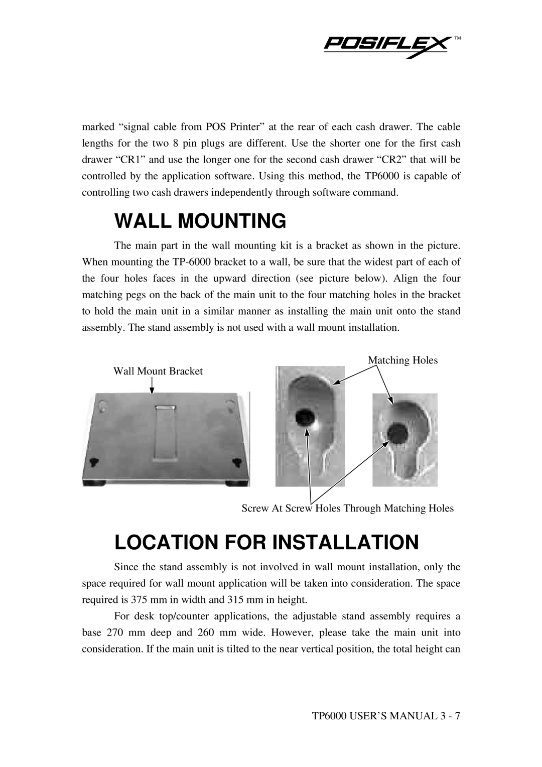 Mustek TP-6000 user manual Wall Mounting, Location for Installation 