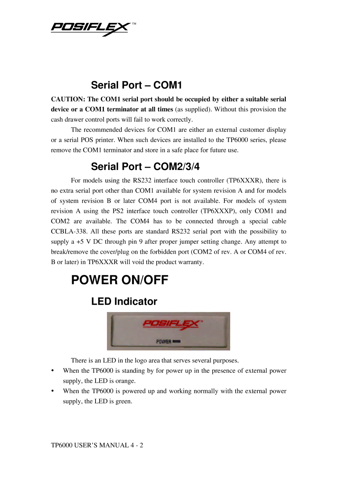 Mustek TP-6000 user manual Power ON/OFF, Serial Port COM1, Serial Port COM2/3/4, LED Indicator 