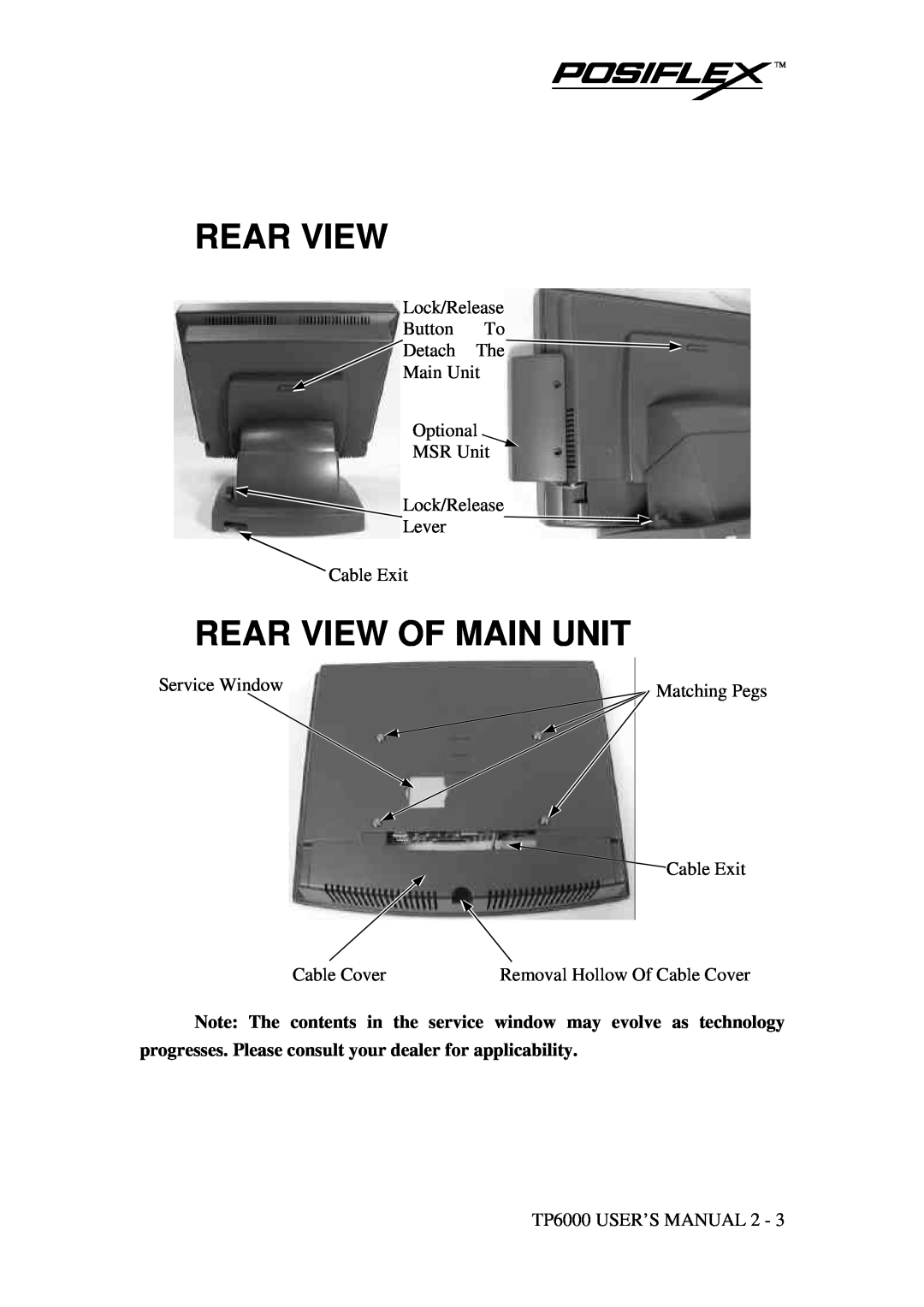 Mustek TP-6000 user manual Rear View Of Main Unit, Note The contents in the service window may evolve as technology 