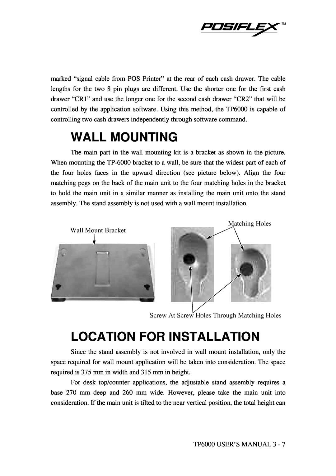Mustek TP-6000 user manual Wall Mounting, Location For Installation 